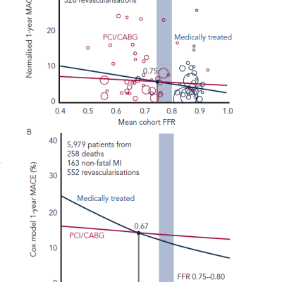 Figure 2 Metanalysis Identifying Optimal FFR Cutoffs to Predict MACE at 1 Year in Medically Treated and Revascularised Groups PCI or CABG