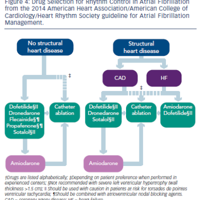 Figure 4 Drug Selection for Rhythm Control in Atrial Fibrillation from the 2014 American Heart Association/American College of Cardiology/Heart Rhythm Society guideline for Atrial Fibrillation Management.